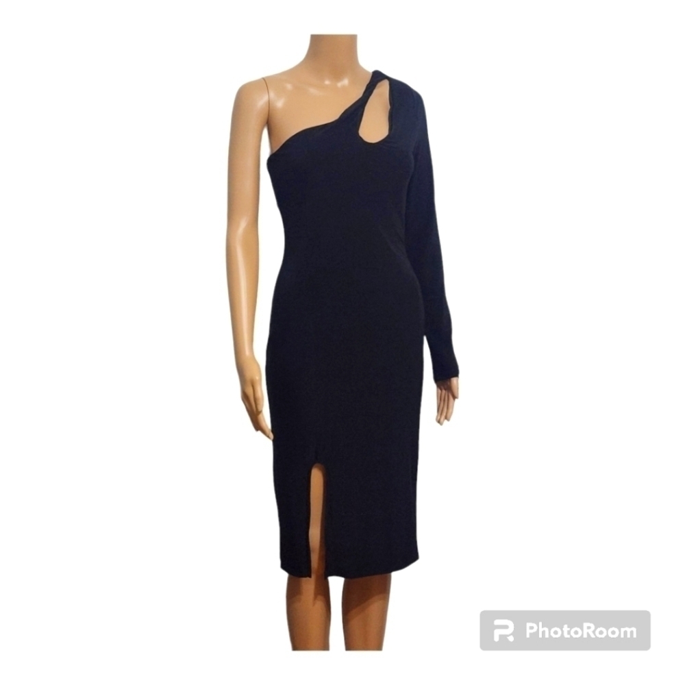 21 Saints Black Velvet One Shoulder Cut Out Split Thigh Dress Size Small - Picture 2 of 11